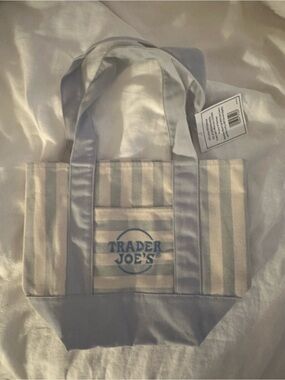 Blue striped trader joe’s tote bag